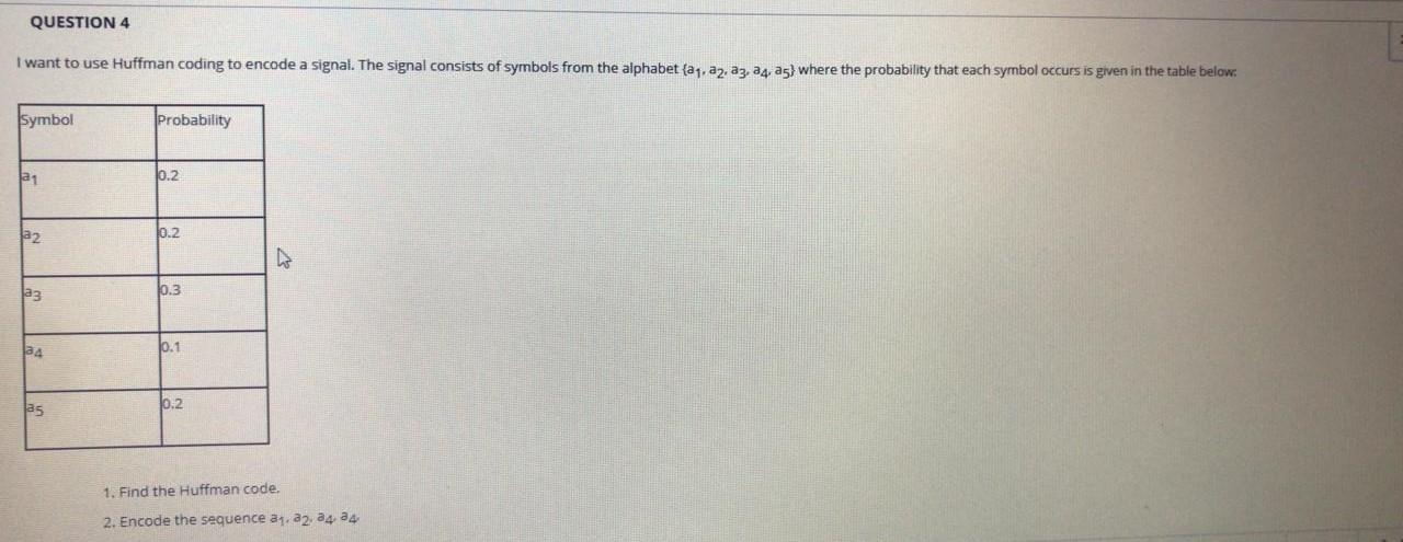  QUESTION 4 I want to use Huffman coding to encode a
