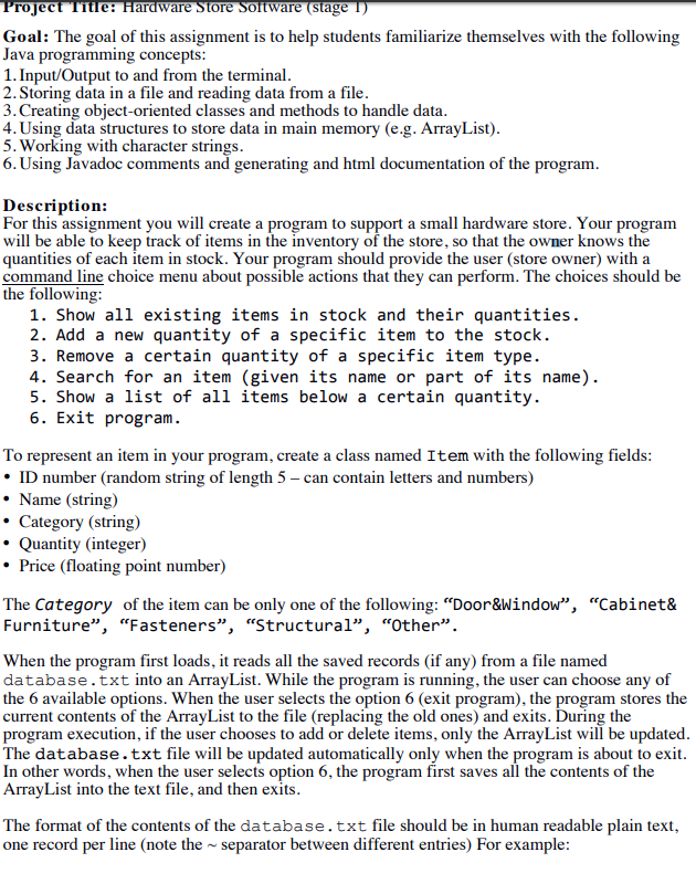 Java Problem rojectTiie: Ha ardware Store SotWare (stage Goal: The goal of