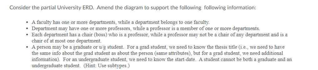 Create a diagram for a database with following requiremengs Consider the partial