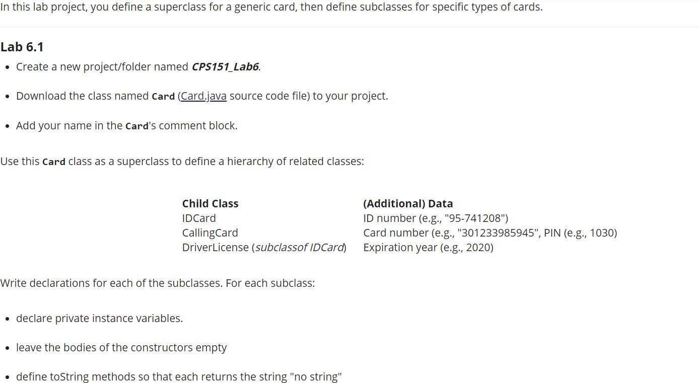 { Billfold b = new Billfold(); b.addCard ( new DriverLicense ("John Doe",