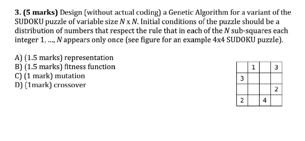  3. (5 marks) Design (without actual coding) a Genetic Algorithm for