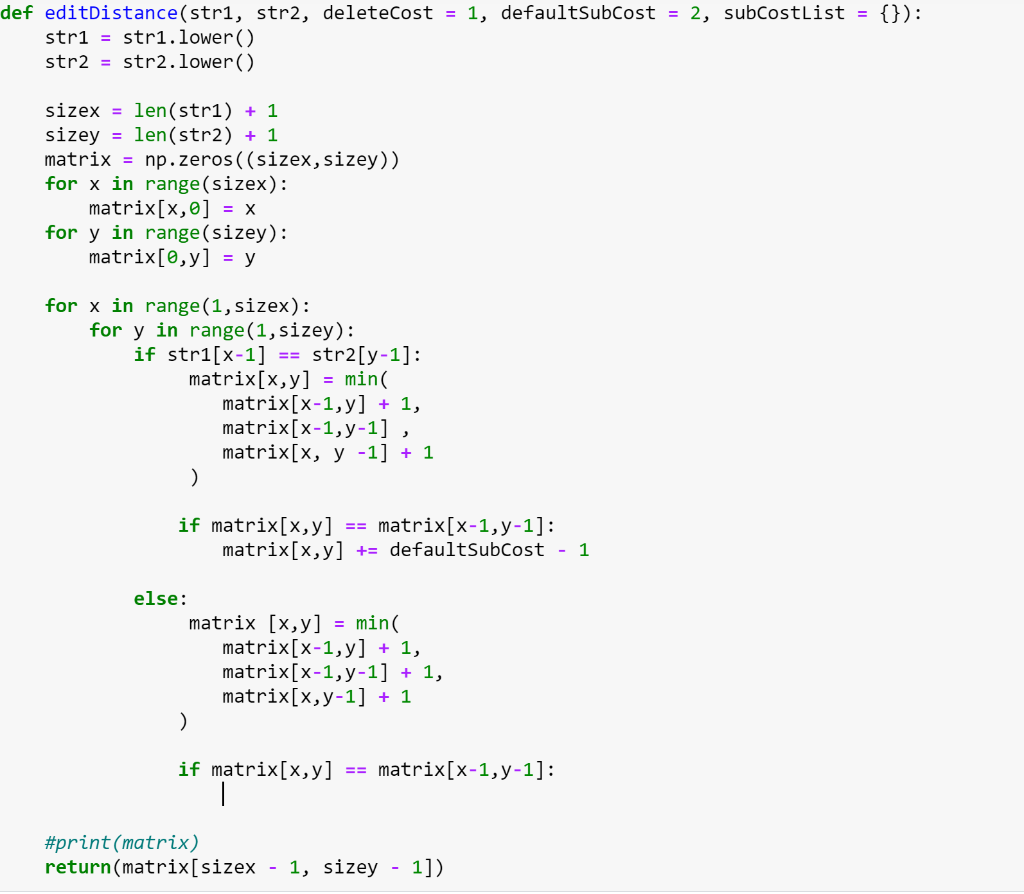 I am trying to implement the edit distance algorithm with an extra
