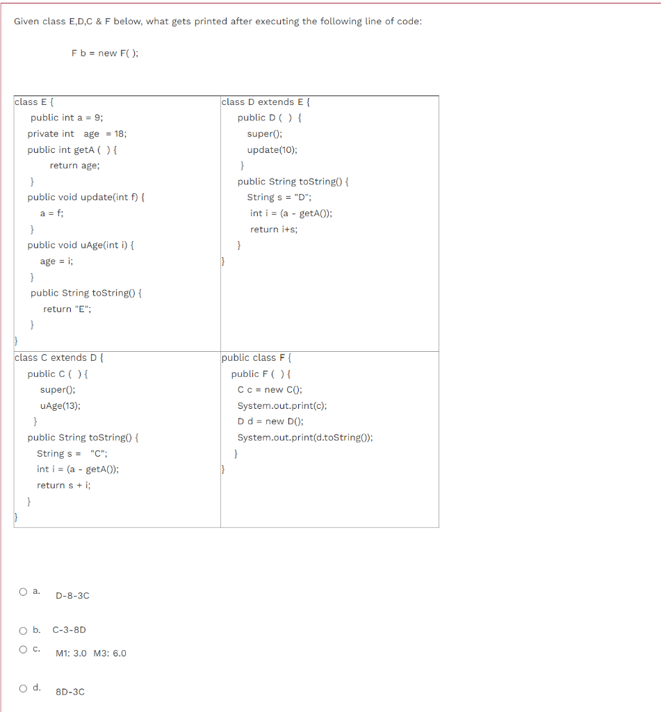 Given class E,D,C & F below, what gets printed after executing