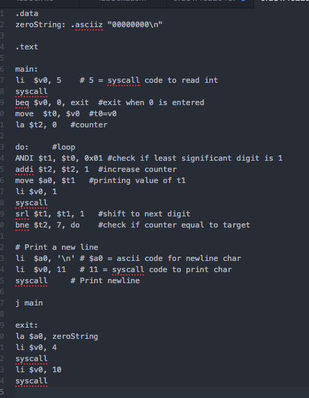need help debugging this mips code to convert decimal to 8 bit