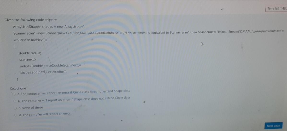  please solve quickly Time left 1:48 Given the following code snippet: