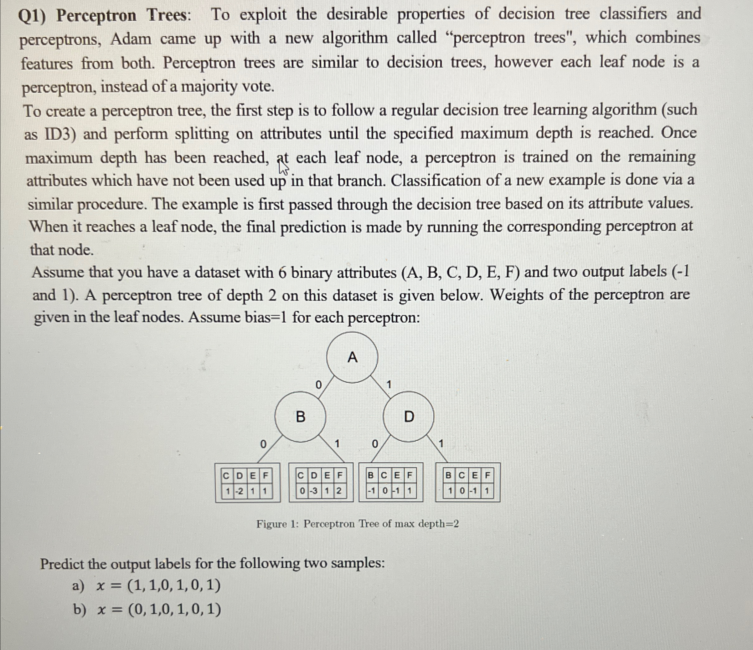  Q1) Perceptron Trees: To exploit the desirable properties of decision tree