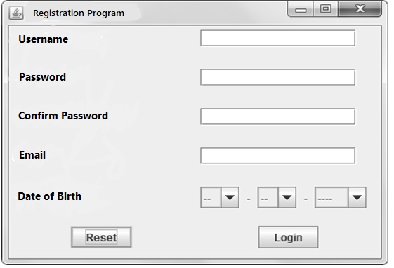 Using Java, create a registration program with a display like this: Condition: