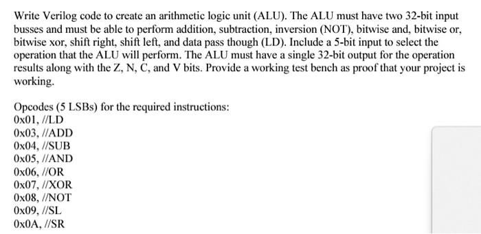  Write Verilog code to create an arithmetic logic unit (ALU). The