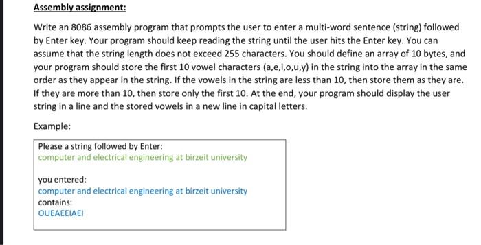  Assembly assignment: Write an 8086 assembly program that prompts the user