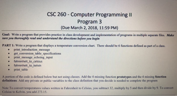  CSC 260-Computer Programming II Program 3 (Due March 2, 2018, 11:59