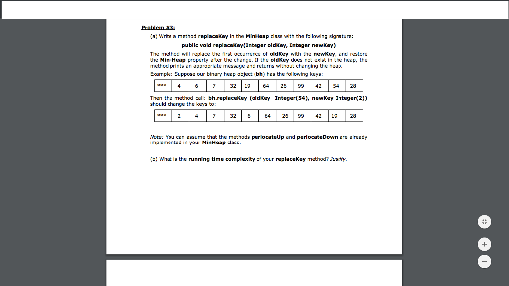Problem replaceKey in minHeap class (a) Write a method replacekey in the