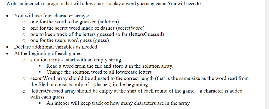 Hello, everyone. I need help creating this program assignment (WordGame.c) in C