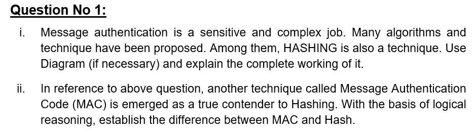  Question No 1: i. Message authentication is a sensitive and complex