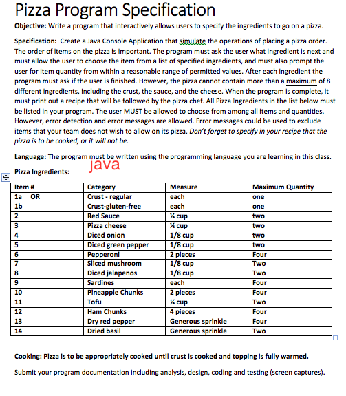  Pizza Program Specification Objective: Write a program that interactively allows users