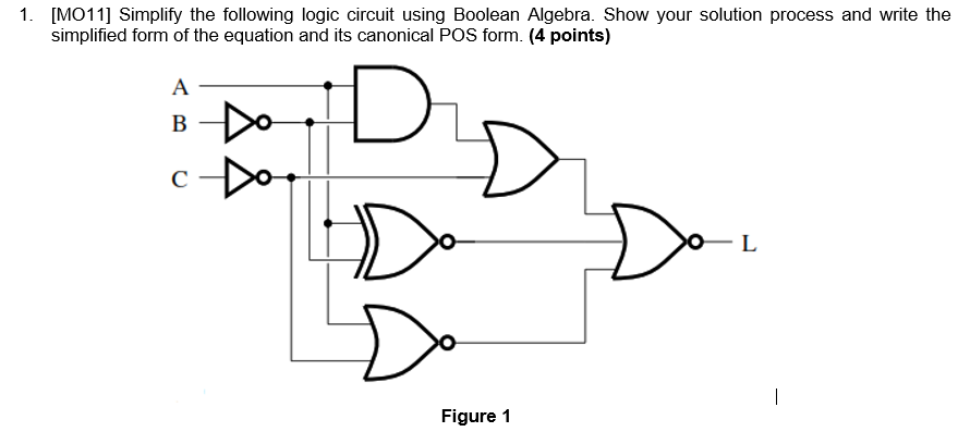  1. [M011] Simplify the following logic circuit using Boolean Algebra. Show