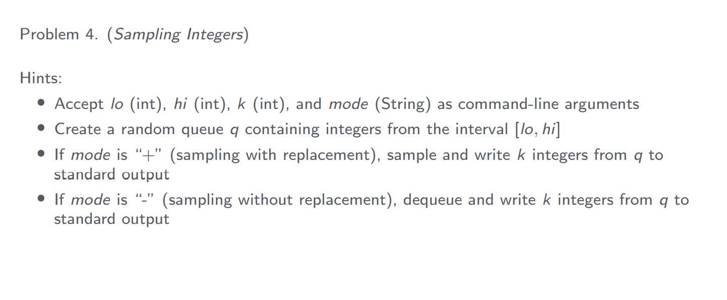 lo (int), hi (int), k (int), and mode (String) as command-line arguments,