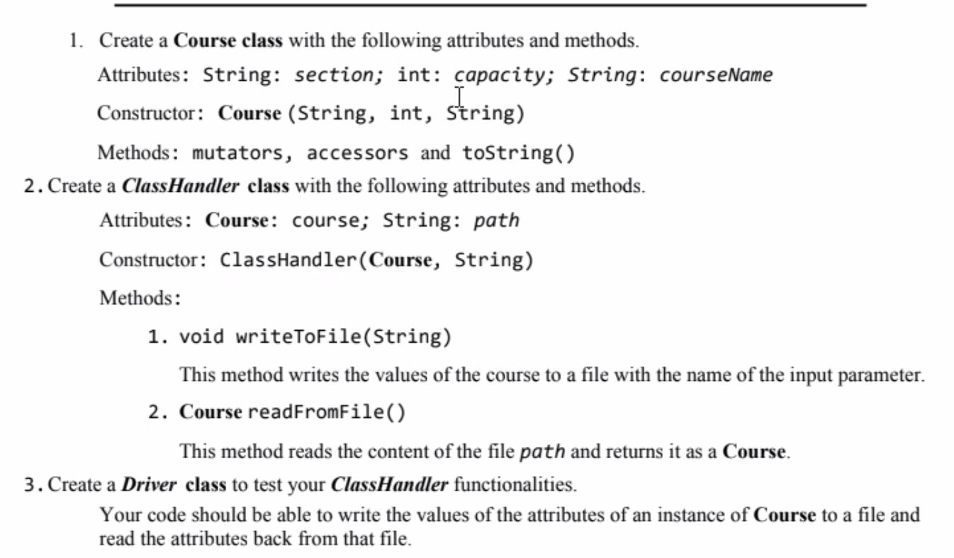 JAVA!!!! PLEASE 1. Create a Course class with the following attributes and