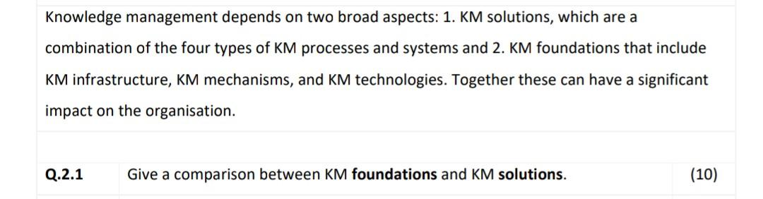 Knowledge management depends on two broad aspects: 1. KM solutions, which