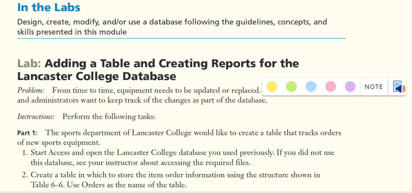  In the LabsDesign, create, modify, and/or use a database following the