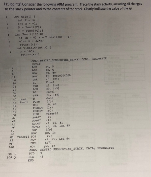  (15 points) Consider the following ARM program. Trace the stack activity,
