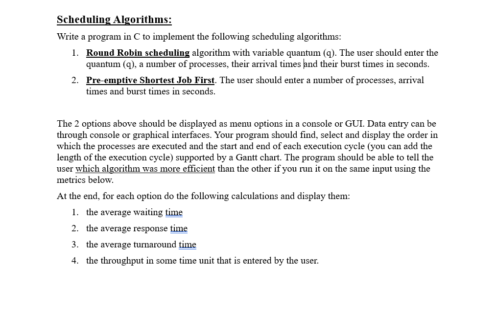  Scheduling Algorithms: Write a program in C to implement the following