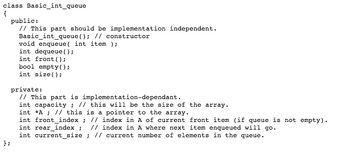 Here is an example of a basic implementation file of a queue