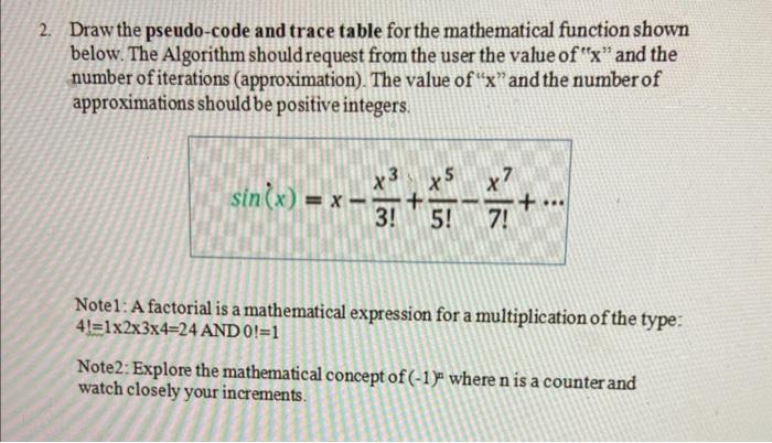  Draw the pseudo-code and trace table for the mathematical function shown