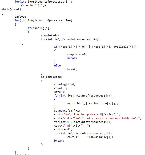 instances [5] count, sequence [10] safe, s 0,j,completed; int available 51,allocation [10][5]