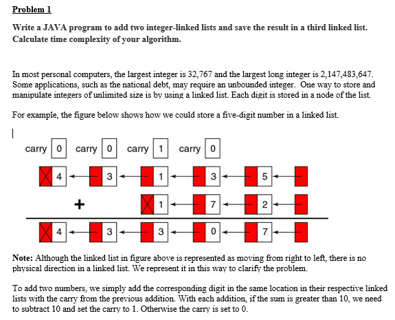  Problem l Write a JAVA program to add two integer-linked lists
