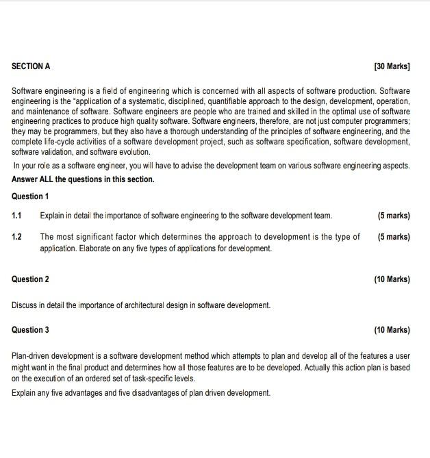  SECTION A [30 Marks] Software engineering is a field of engineering