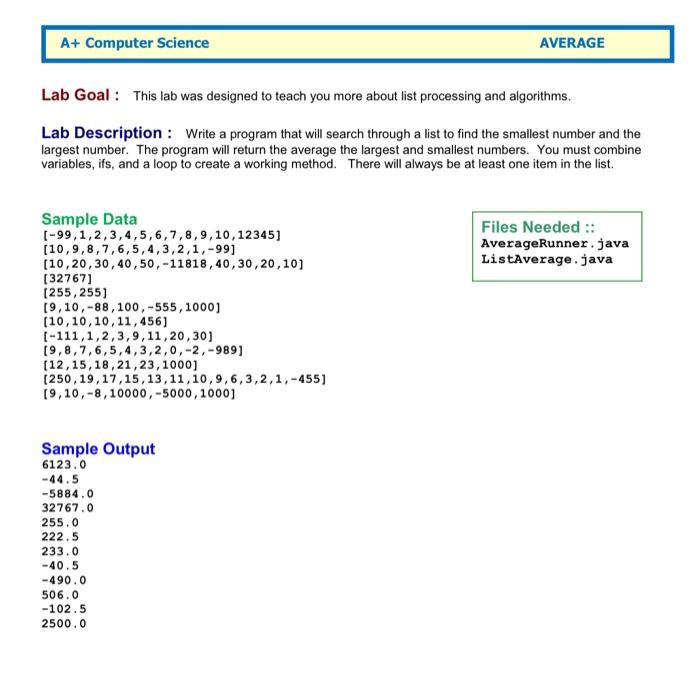 Please use Array List in the program A+ Computer Science AVERAGE Lab