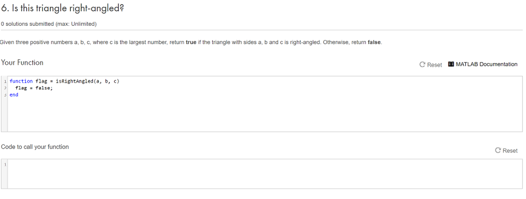 Use MATLAB please. 6. Is this triangle right-angled? 0 solutions submitted (max: