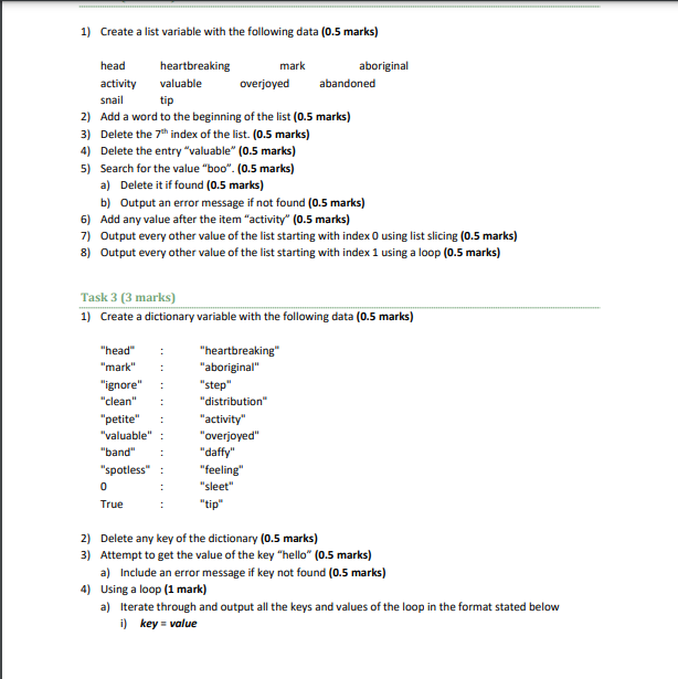  1) Create a list variable with the following data ( 0.5