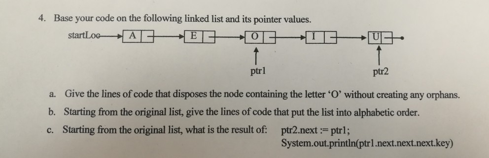 4. Base your code on the following linked list and its