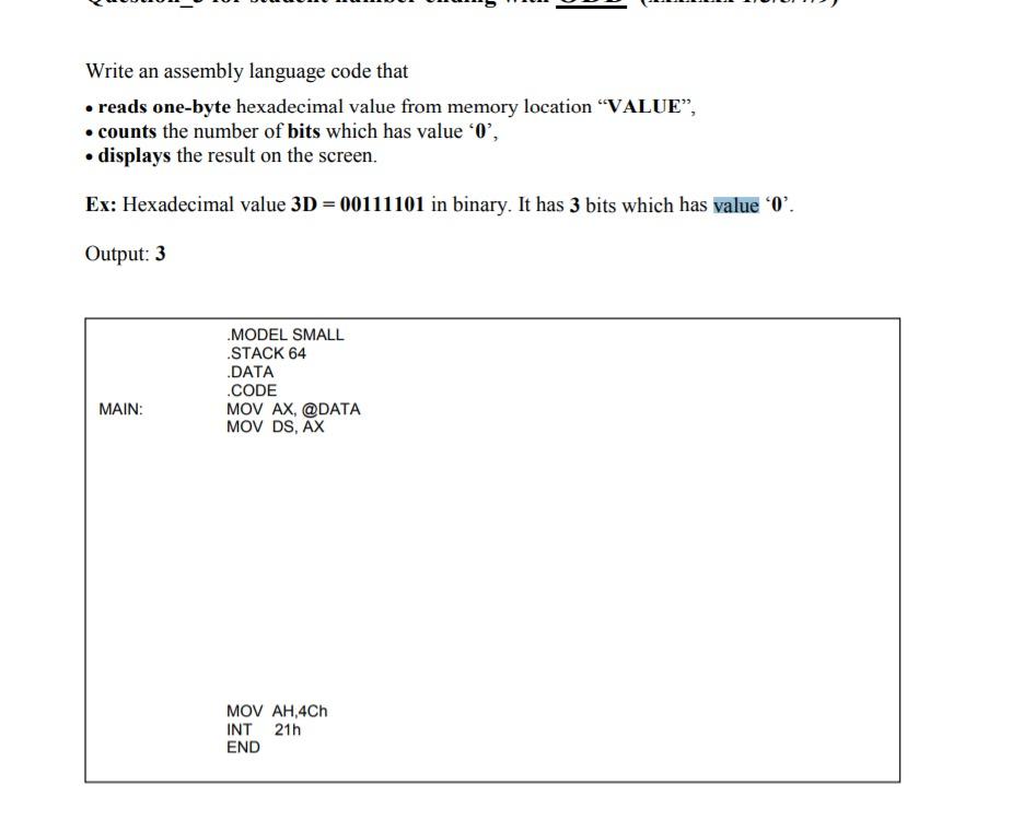 Write an assembly language code that reads one-byte hexadecimal value from