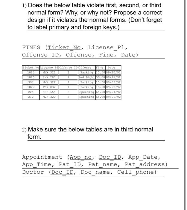  1) Does the below table violate first, second, or third normal