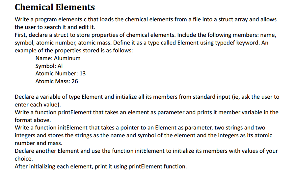 Write a program elements.c that loads the chemical elements from a
