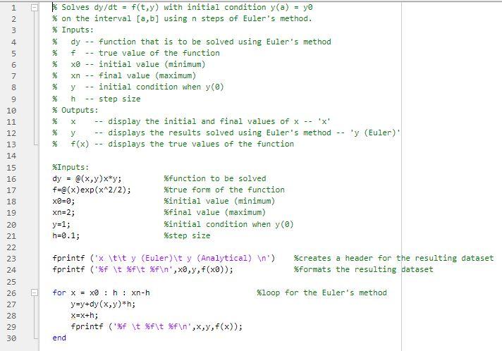 THE PROGRAM. Below is the given program: (euler_ode.m) Exercise (3) Download euler_ode.m