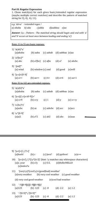  Part Il: Regular Expression 1. Chose match(es) for each given basic/extended