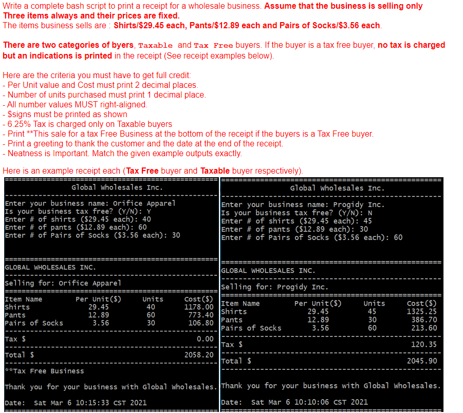  Write a complete bash script to print a receipt for a