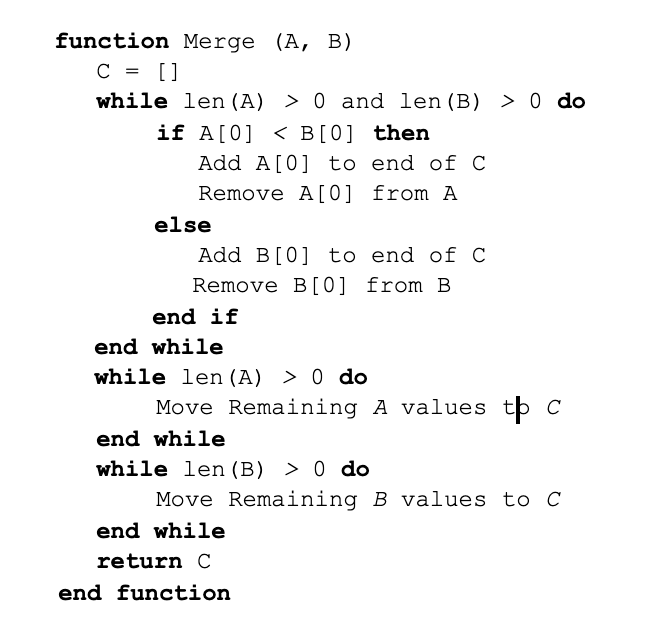 pseudocode: Implement the given pseudocode function in Python. function Merge (A, B)