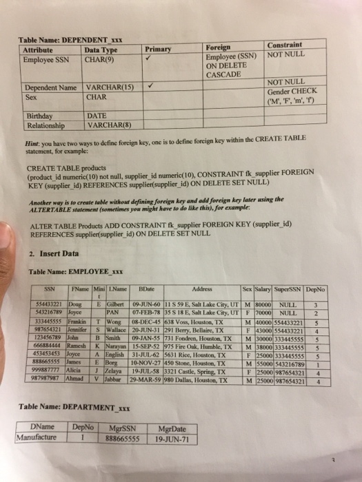  I need help inserting data using sql Table Name: DEPENDENT X