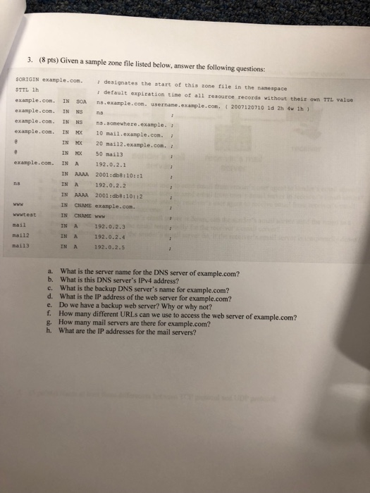  3. (8 pts) Given a sample zone file listed below, answer