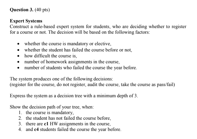  c1=4 , c4=10 Question 3. (40 pts) Expert Systems Construct a