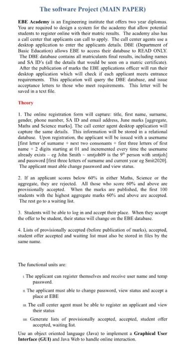  The software Project (MAIN PAPER) EBE Academy is an Engineering institute