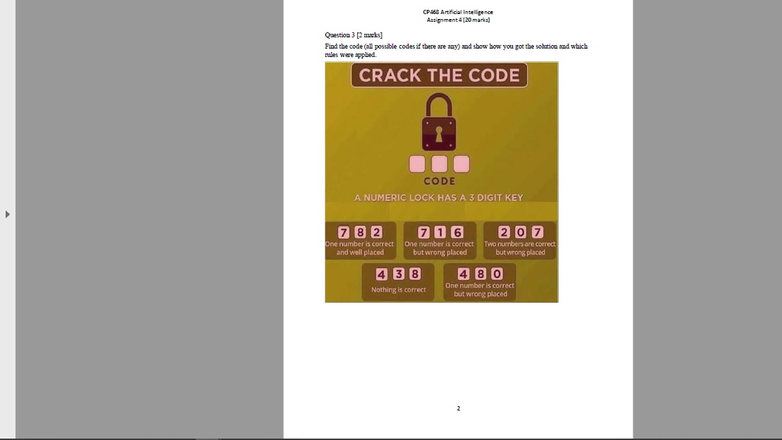  CP468 Artificial Intelligence Assignment 4 [20 marks] Question 3 [2 marks]