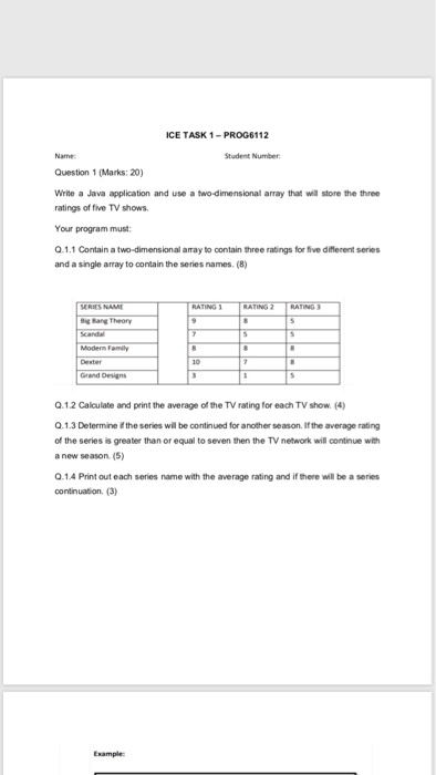  Write in Java ICE TASK 1-PROG6112 Name Question 1 (Marks: 20)