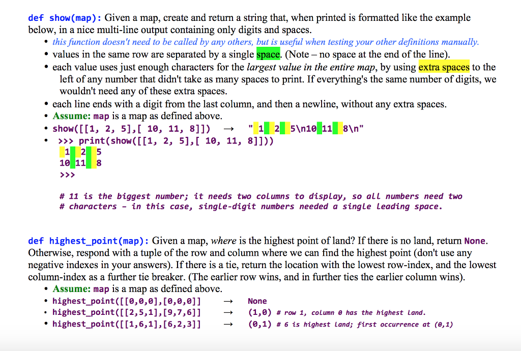 Need help implemeting list map functions in python def show(map): Given a
