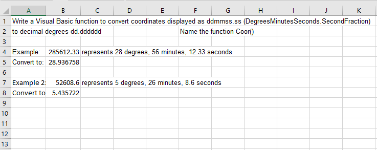  using excel Write a Visual Basic function to convert coordinates displayed