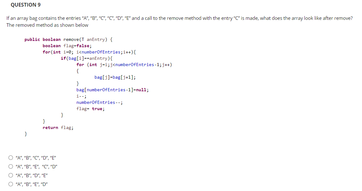 the entries "A", "B", "C", "C", "D", "E" and a call to